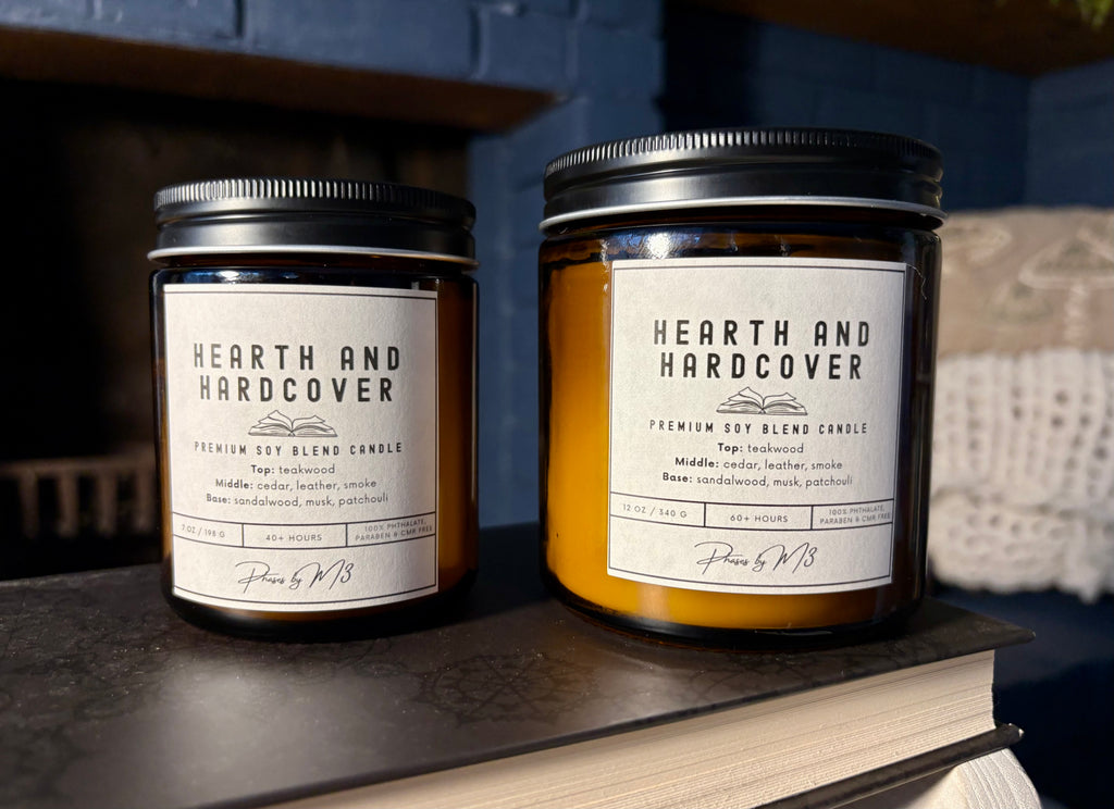 Hearth and Hardcover Candle | Amber Jar Candle with Wood Wick | Teakwood, Cedar, Leather & Smoke | Cozy Winter Candle for Book Lovers
