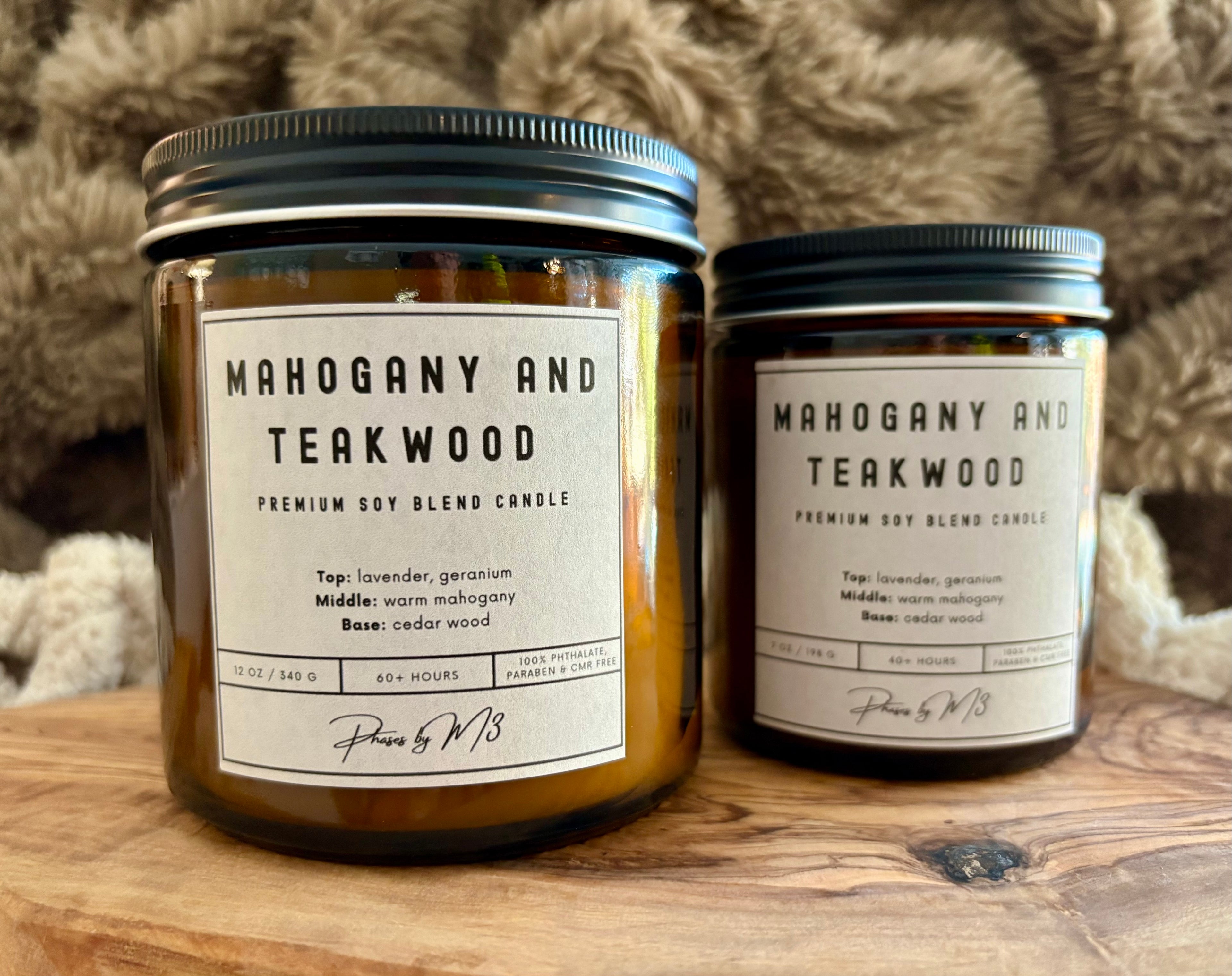 Mahogany and Teakwood Candle – 7oz and 12oz Amber Glass | 2.5oz Wax Melts | Earthy Wood & Floral Home Fragrance