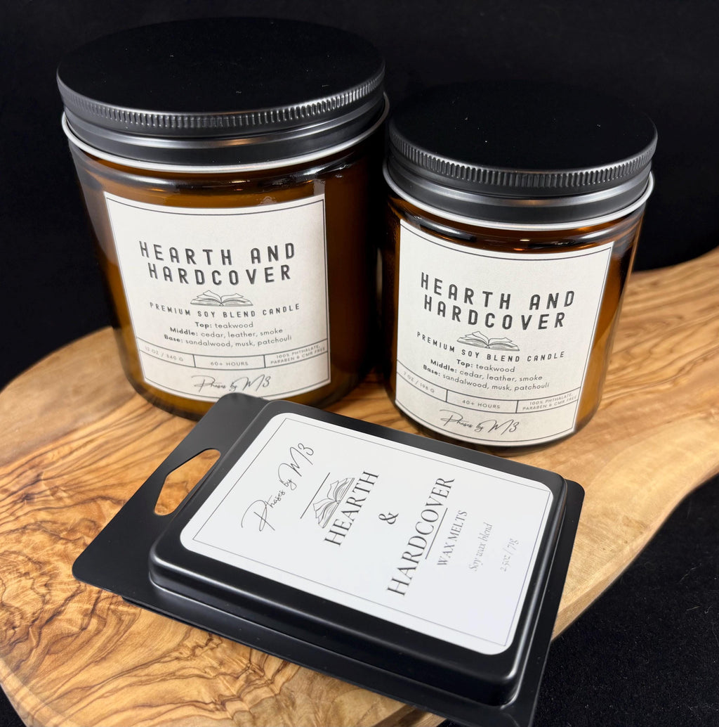 Hearth and Hardcover Candle | Amber Jar Candle with Wood Wick | Teakwood, Cedar, Leather & Smoke | Cozy Winter Candle for Book Lovers