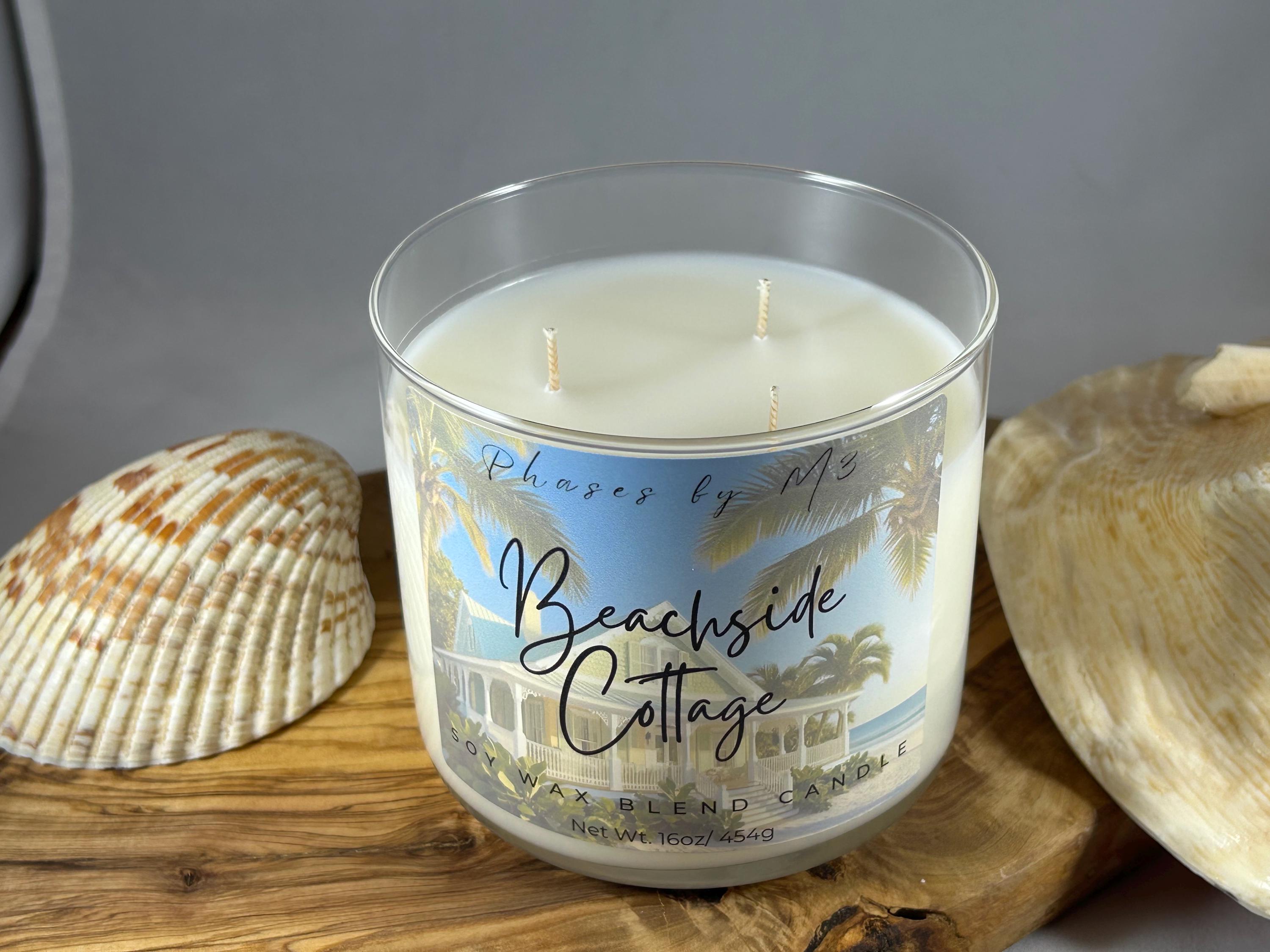 Beachside Cottage 8 oz soy candle, 16 oz soy candle, and soy wax melts