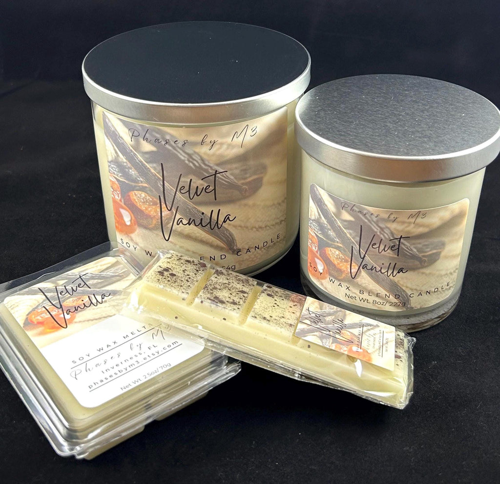 Velvet Vanilla Candle and Wax Melts | Amaretto, Jasmine, Vanilla & Amber Scent | Cozy and Elegant Soy Blend Home Fragrance
