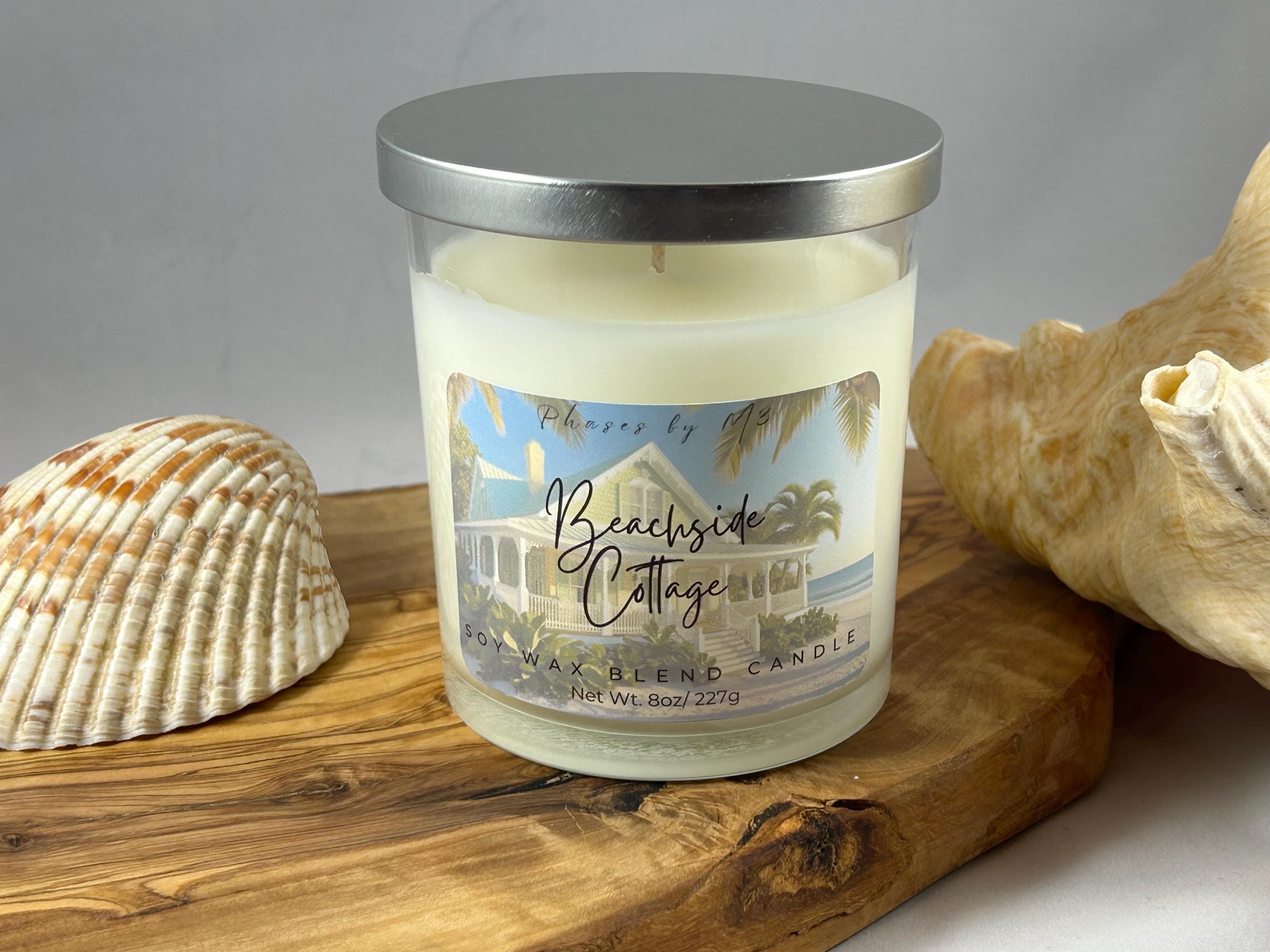 Beachside Cottage 8 oz soy candle, 16 oz soy candle, and soy wax melts