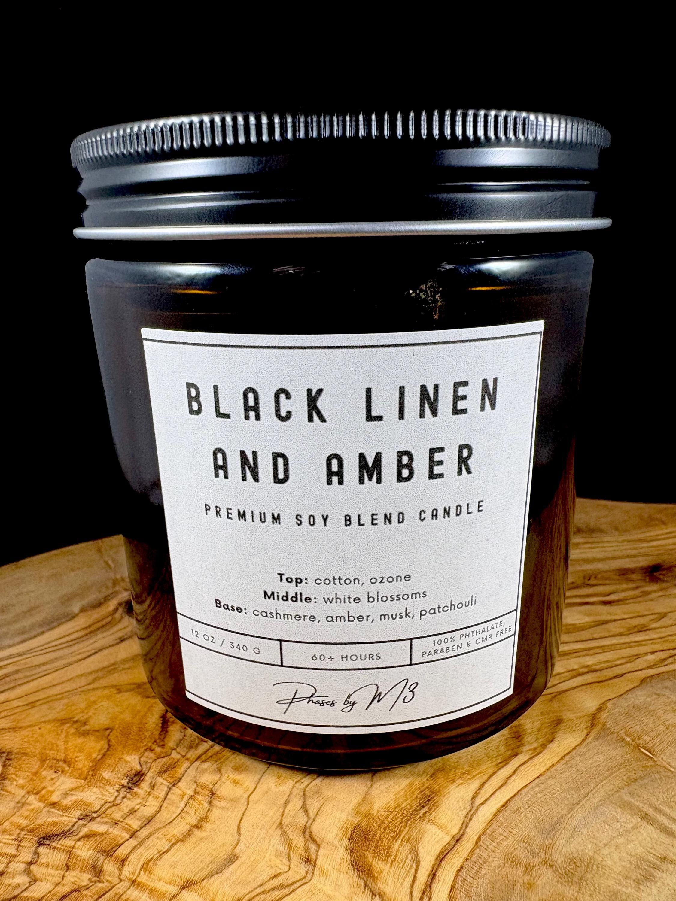 Black Linen and Amber Candle | 7oz and 12oz Amber Glass | Wax Melts | Fresh Cotton, White Blossoms, Amber & Musk