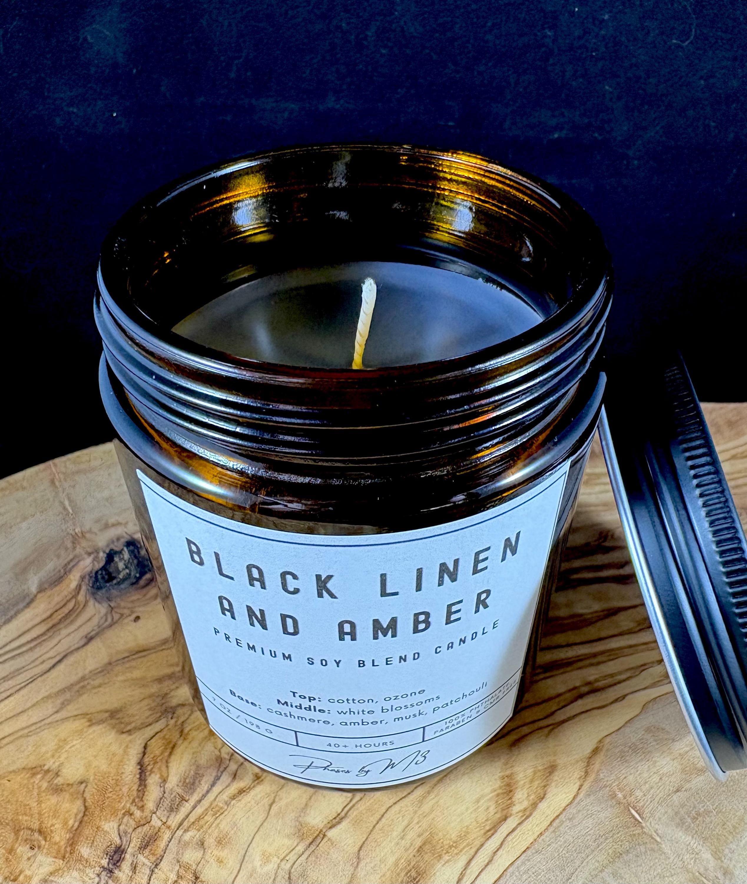 Black Linen and Amber Candle | 7oz and 12oz Amber Glass | Wax Melts | Fresh Cotton, White Blossoms, Amber & Musk