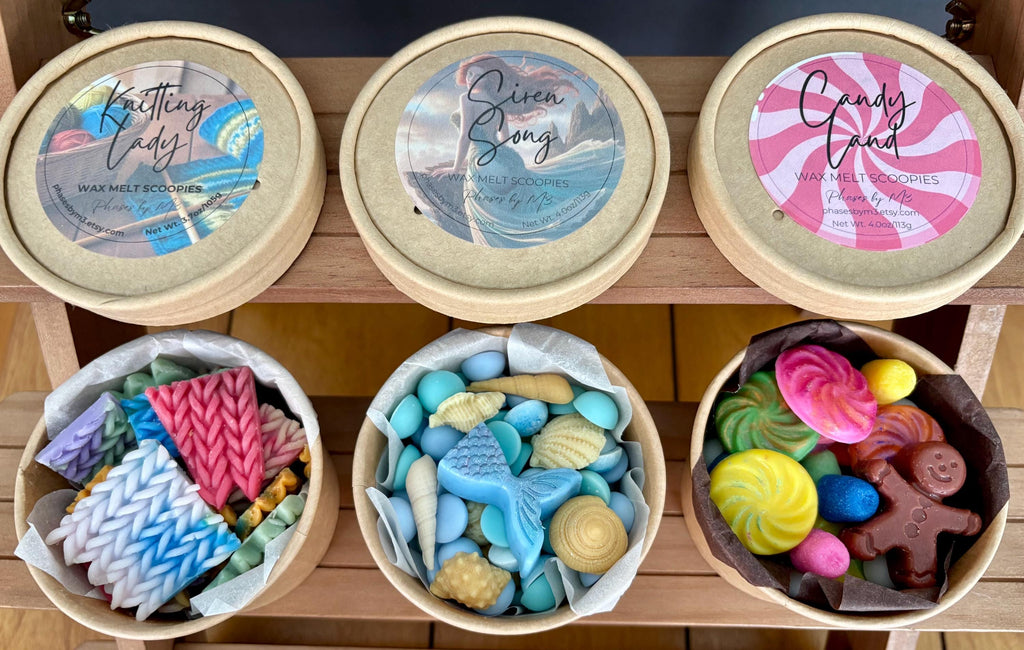 Highly Scented Wax Melt Scoopies – Fun Shapes | 3.7–4oz Cups | Customizable Wax Melts | Siren Song | Knitting Lady | Candy Land