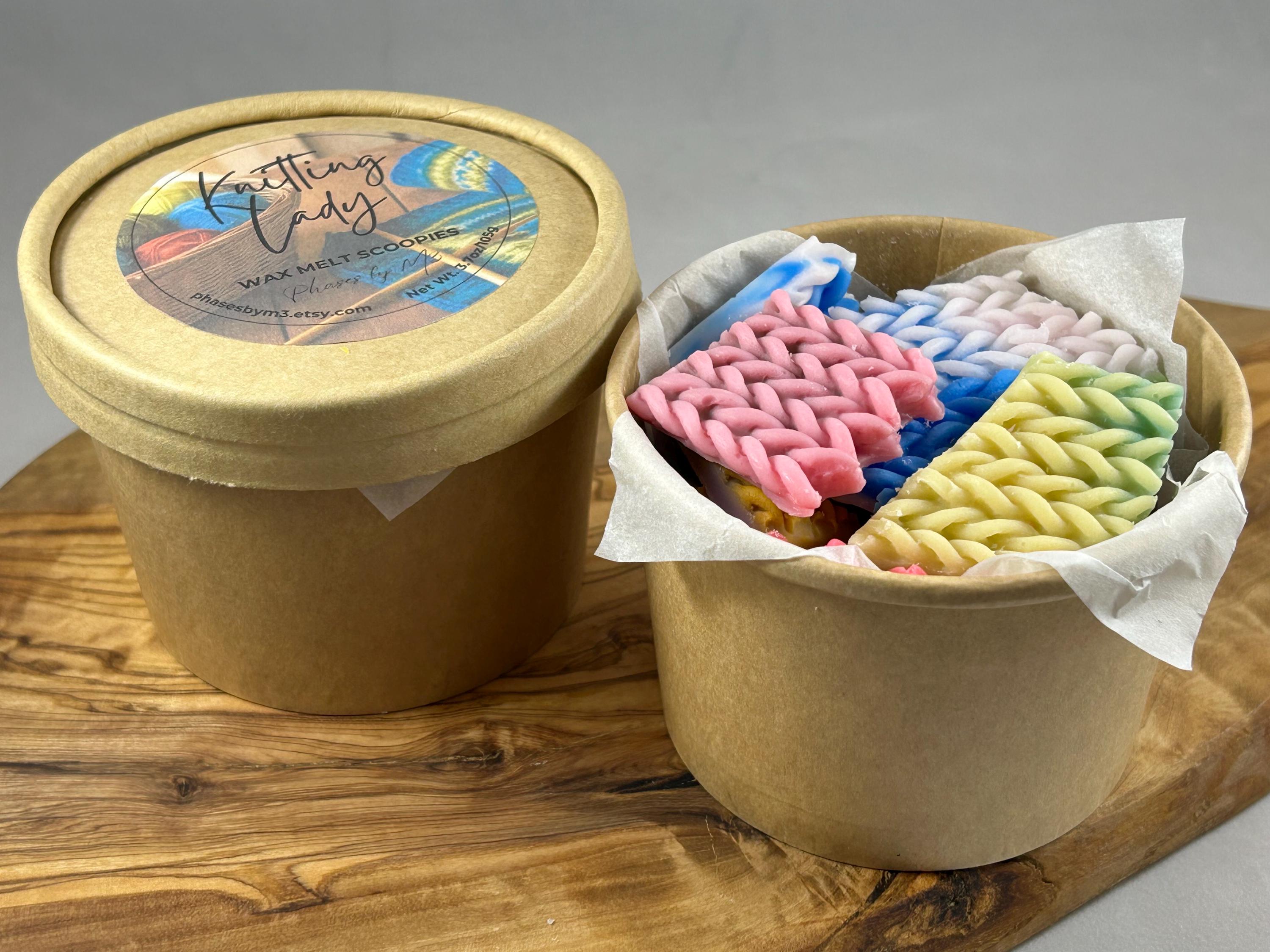 Highly Scented Wax Melt Scoopies – Fun Shapes | 3.7–4oz Cups | Customizable Wax Melts | Siren Song | Knitting Lady | Candy Land