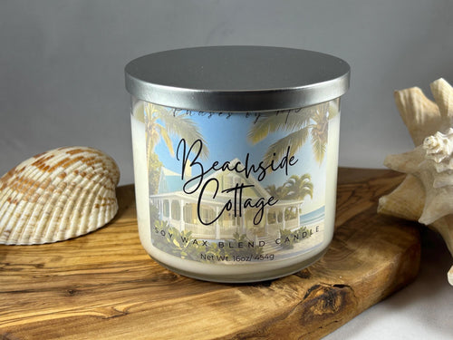 Beachside Cottage 8 oz soy candle, 16 oz soy candle, and soy wax melts