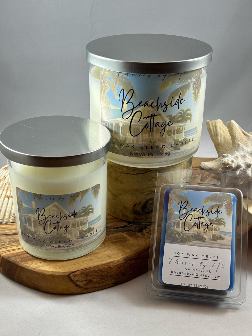 Beachside Cottage 8 oz soy candle, 16 oz soy candle, and soy wax melts