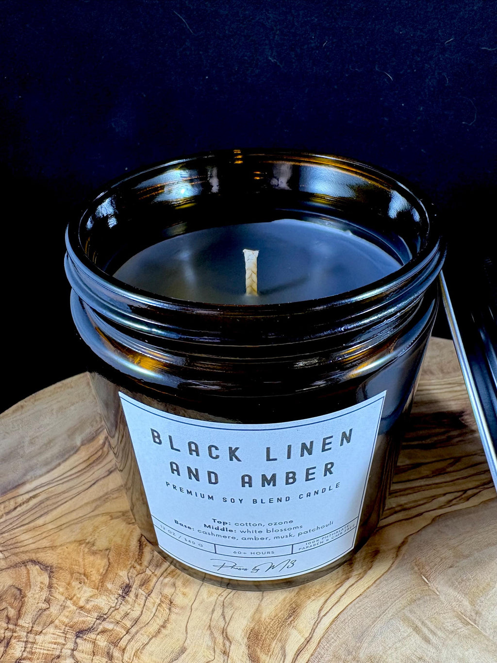 Black Linen and Amber Candle | 7oz and 12oz Amber Glass | Wax Melts | Fresh Cotton, White Blossoms, Amber & Musk