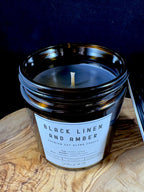 Black Linen and Amber Candle | 7oz and 12oz Amber Glass | Wax Melts | Fresh Cotton, White Blossoms, Amber & Musk