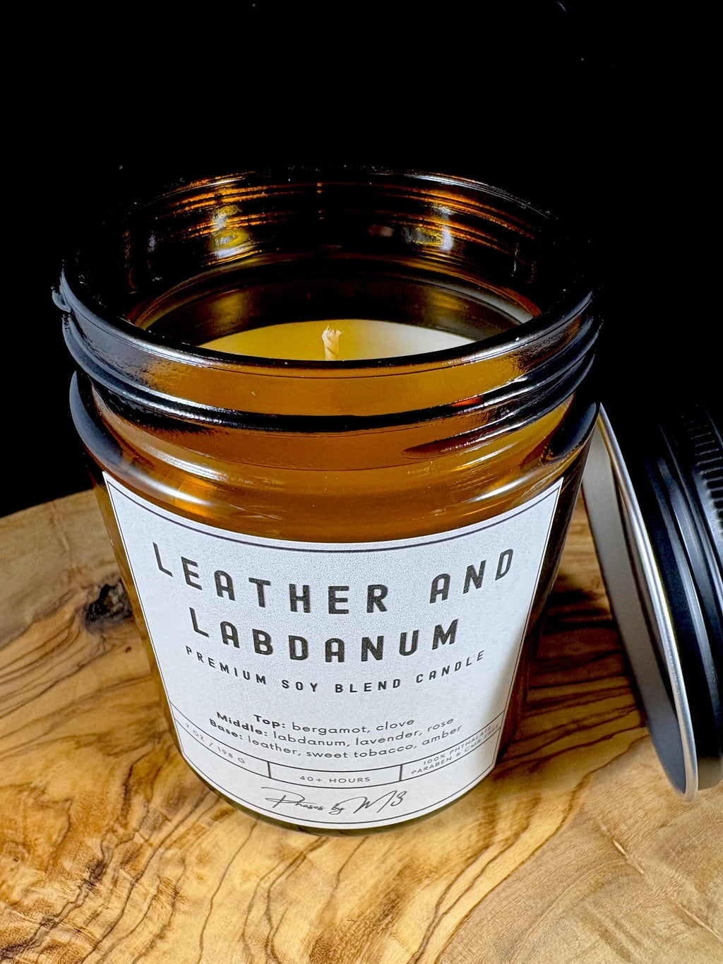 Leather and Labdanum Candle | 7oz and 12oz Amber Glass | 2.5oz Wax Melts | Luxurious Leather & Tobacco Scent