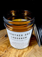 Leather and Labdanum Candle | 7oz and 12oz Amber Glass | 2.5oz Wax Melts | Luxurious Leather & Tobacco Scent