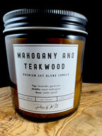 Mahogany and Teakwood Candle – 7oz and 12oz Amber Glass | 2.5oz Wax Melts | Earthy Wood & Floral Home Fragrance
