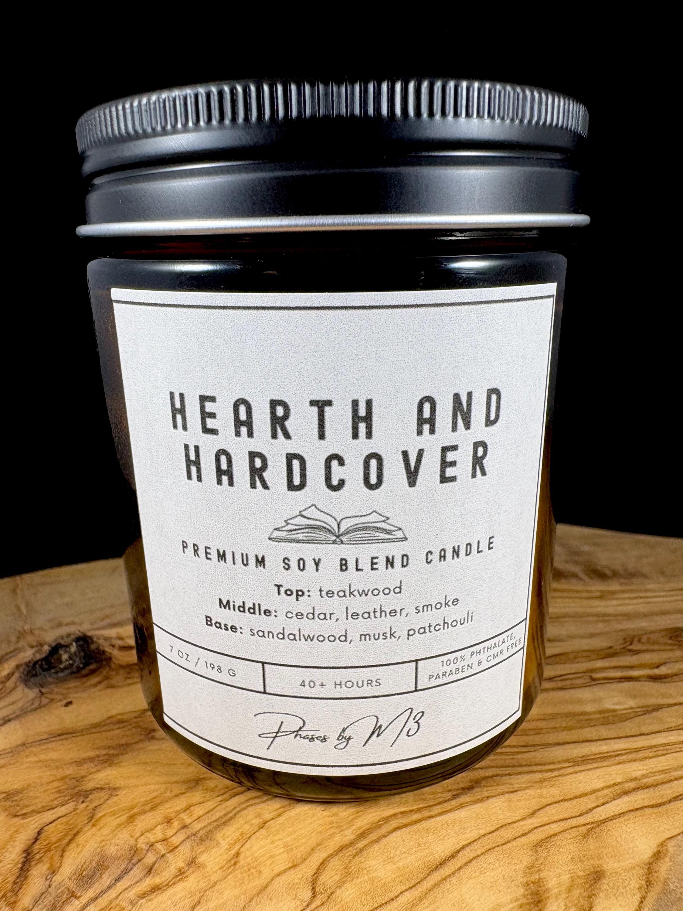 Hearth and Hardcover Candle | Amber Jar Candle with Wood Wick | Teakwood, Cedar, Leather & Smoke | Cozy Winter Candle for Book Lovers