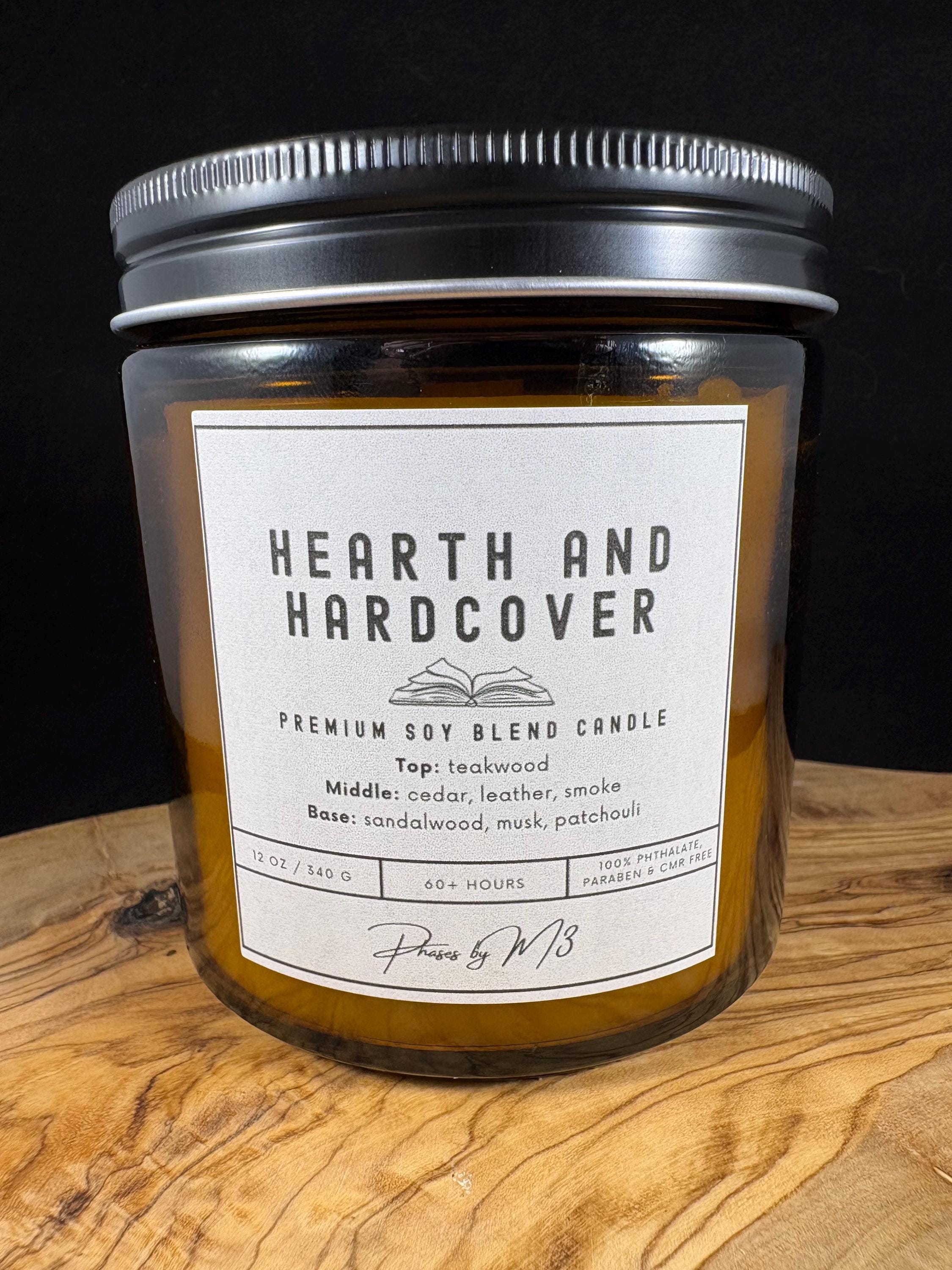 Hearth and Hardcover Candle | Amber Jar Candle with Wood Wick | Teakwood, Cedar, Leather & Smoke | Cozy Winter Candle for Book Lovers