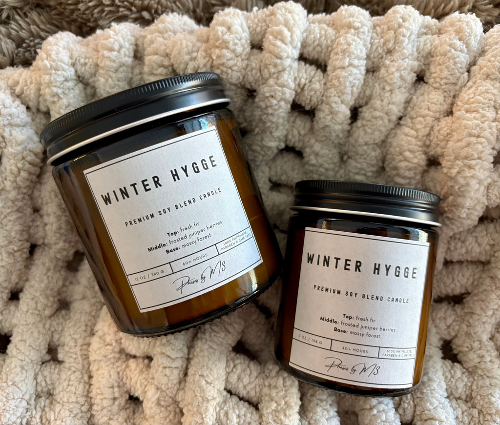 Winter Hygge Candle | 7oz and 12oz Amber Glass Candles | 2.5oz Wax Melts | Cozy Fir, Juniper and Forest Scent | Holiday & Winter Home Decor