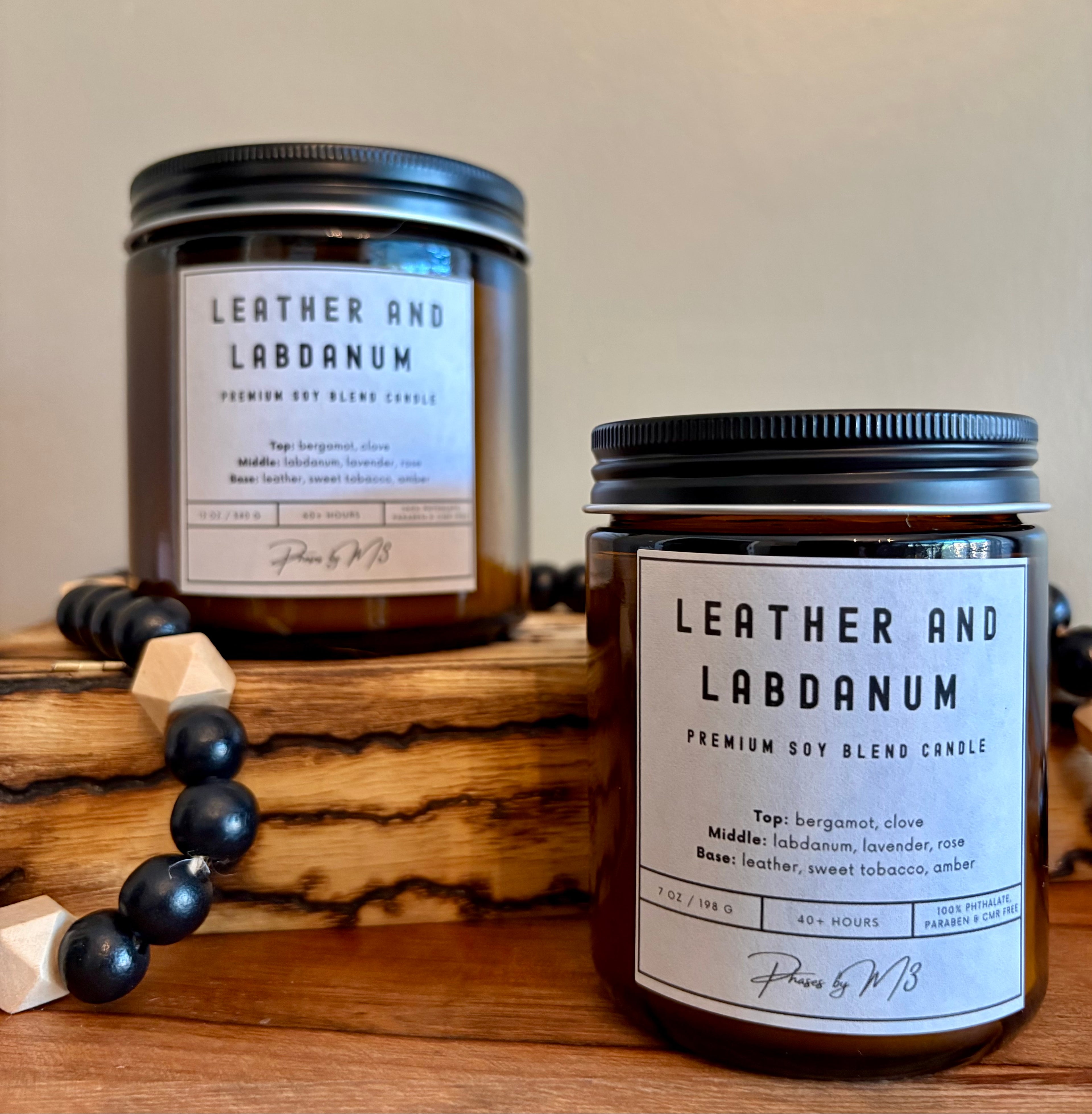 Leather and Labdanum Candle | 7oz and 12oz Amber Glass | 2.5oz Wax Melts | Luxurious Leather & Tobacco Scent