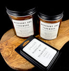 Mahogany and Teakwood Candle – 7oz and 12oz Amber Glass | 2.5oz Wax Melts | Earthy Wood & Floral Home Fragrance