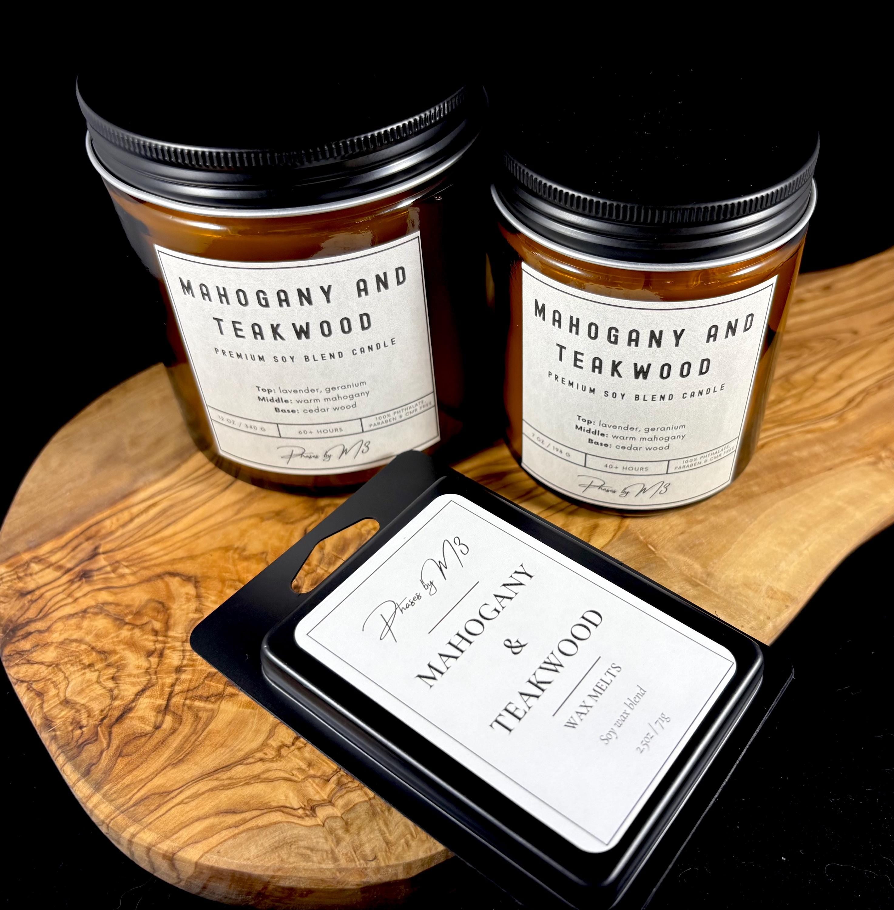 Mahogany and Teakwood Candle – 7oz and 12oz Amber Glass | 2.5oz Wax Melts | Earthy Wood & Floral Home Fragrance