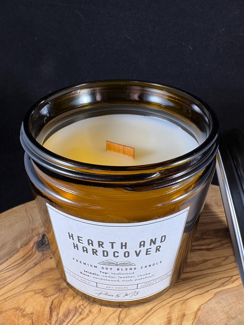 Hearth and Hardcover Candle | Amber Jar Candle with Wood Wick | Teakwood, Cedar, Leather & Smoke | Cozy Winter Candle for Book Lovers