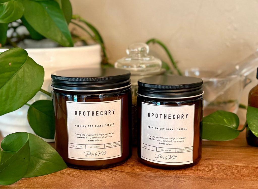 Apothecary Candle | Amber Glass Soy Candle | Earthy Herbal Candle with Moss, Sage, Balsam  | 7oz and 12oz Candles & Wax Melts