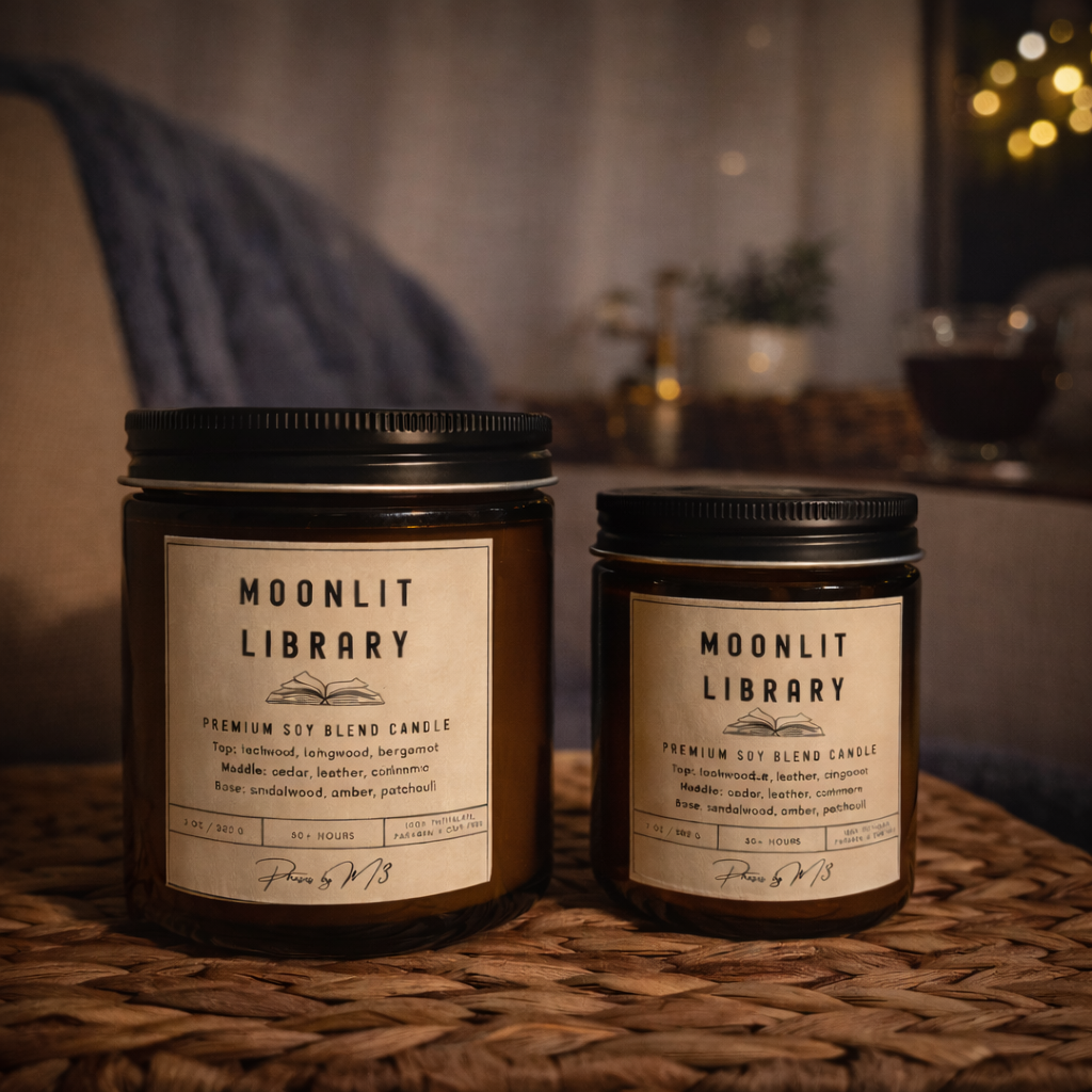 Two Moonlit Library candles on a woven surface with a blurred background