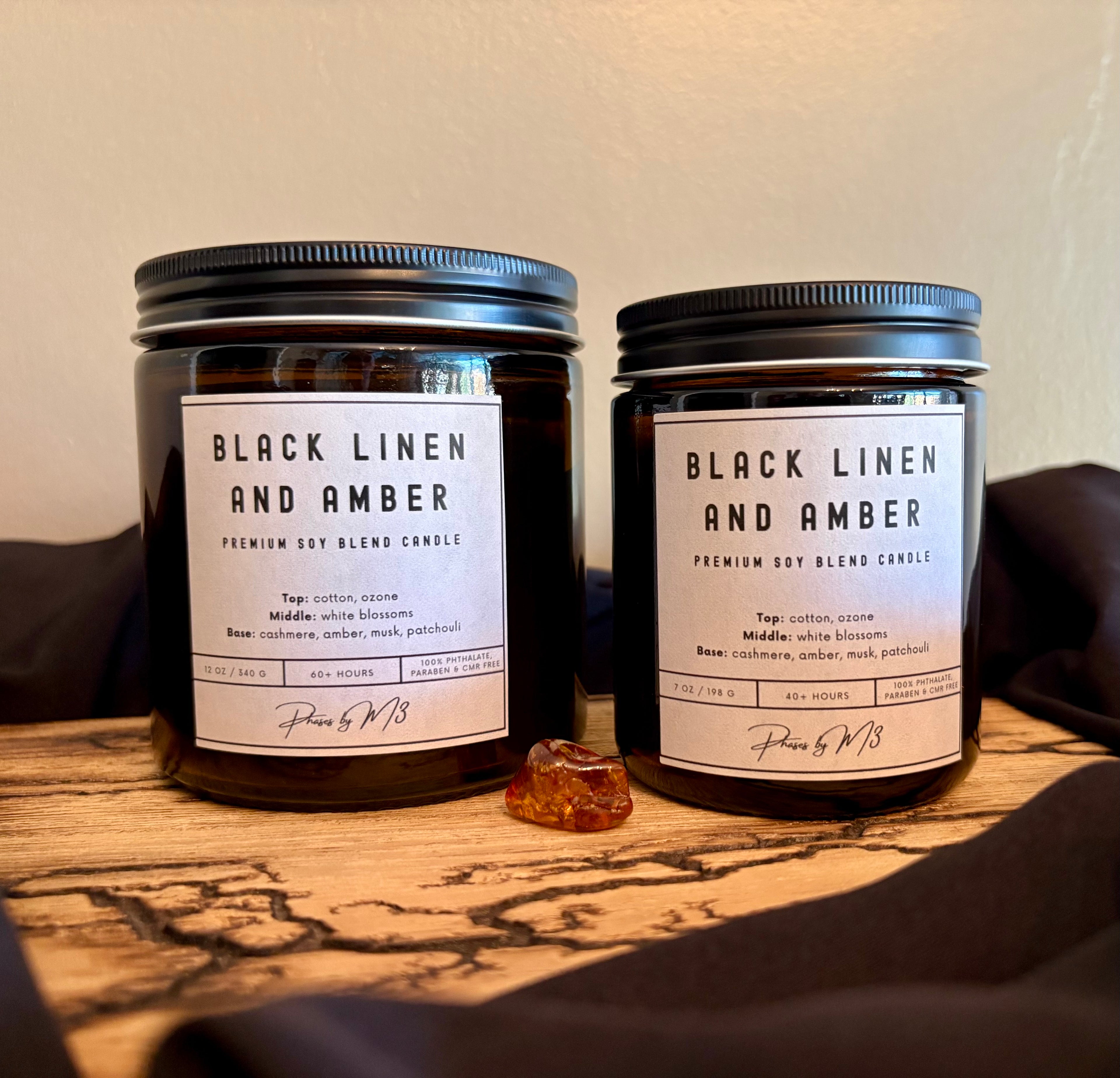 Black Linen and Amber Candle | 7oz and 12oz Amber Glass | Wax Melts | Fresh Cotton, White Blossoms, Amber & Musk
