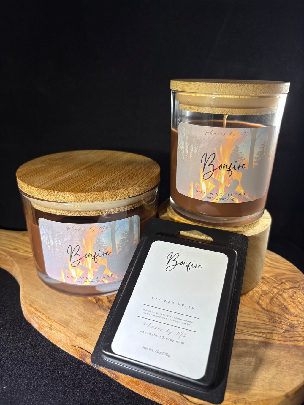 Bonfire Candle & Wax Melts | Smoky Firewood, Clove and Amber Scent | Cozy Campfire Soy Wax Blend for Fall and Winter