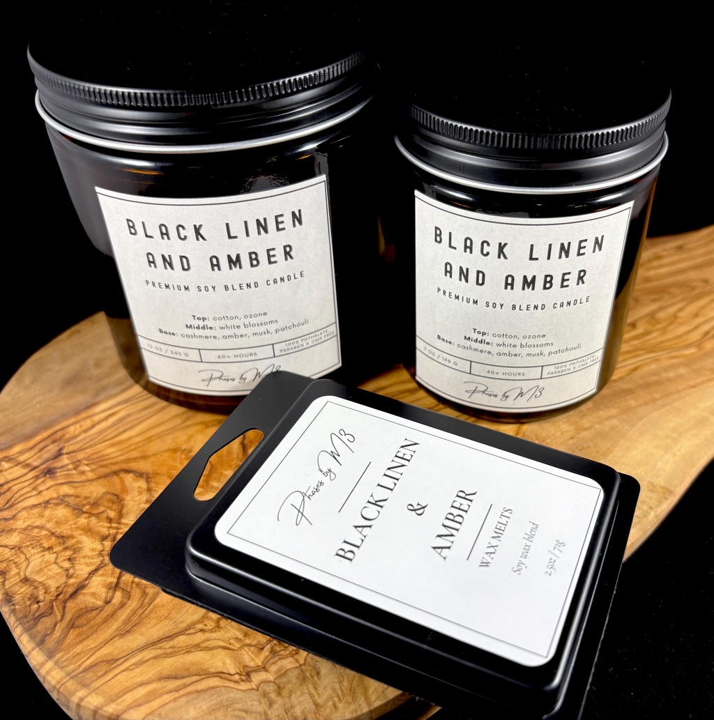 Black Linen and Amber Candle | 7oz and 12oz Amber Glass | Wax Melts | Fresh Cotton, White Blossoms, Amber & Musk