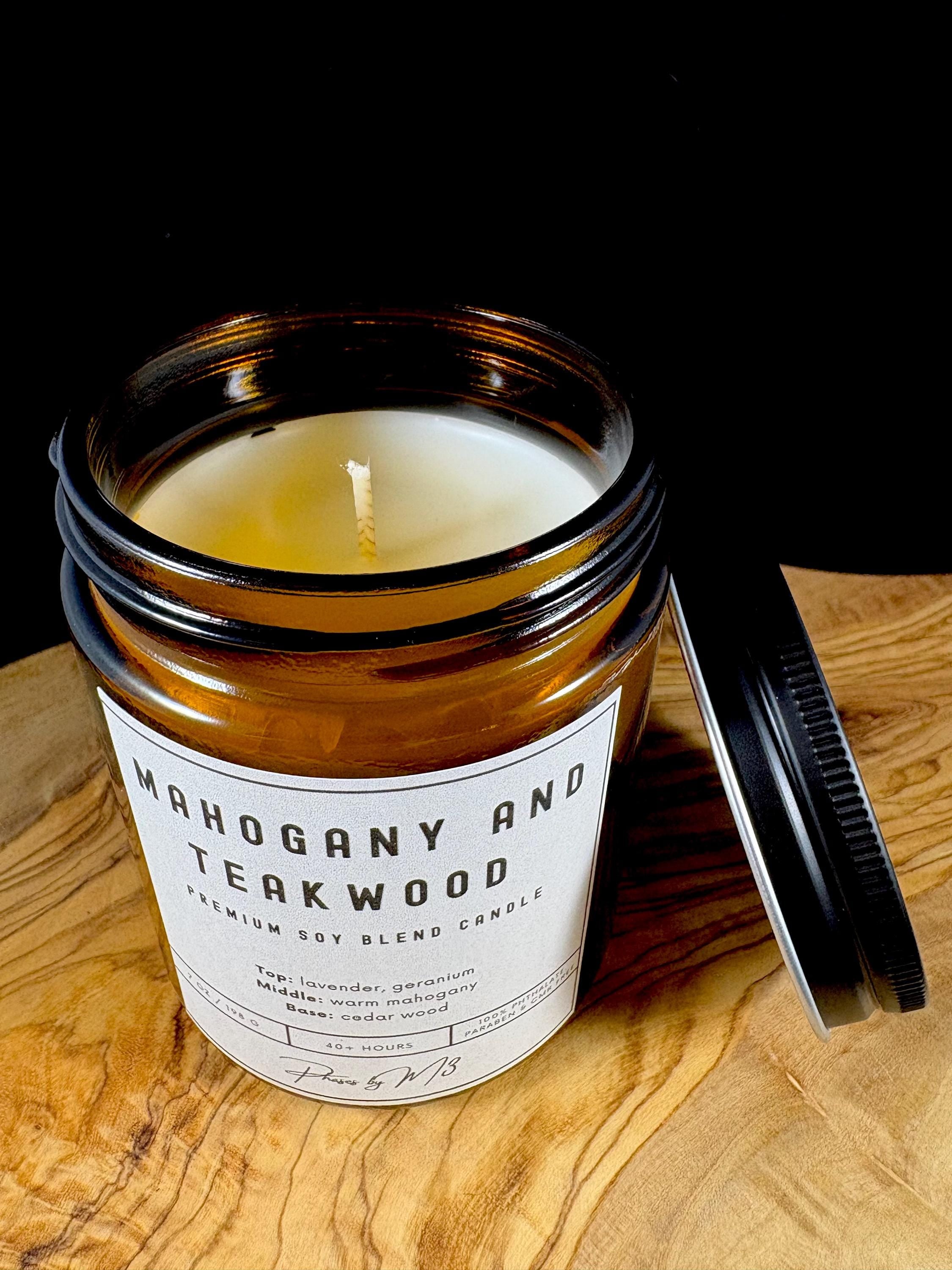 Mahogany and Teakwood Candle – 7oz and 12oz Amber Glass | 2.5oz Wax Melts | Earthy Wood & Floral Home Fragrance