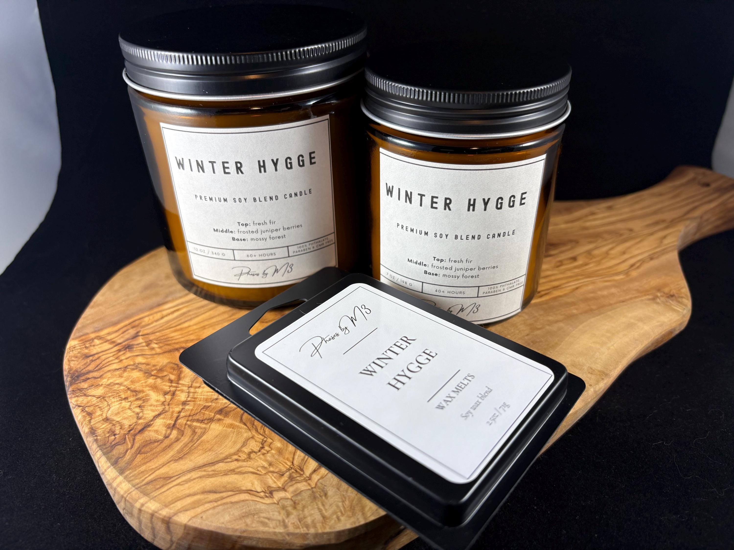 Winter Hygge Candle | 7oz and 12oz Amber Glass Candles | 2.5oz Wax Melts | Cozy Fir, Juniper and Forest Scent | Holiday & Winter Home Decor