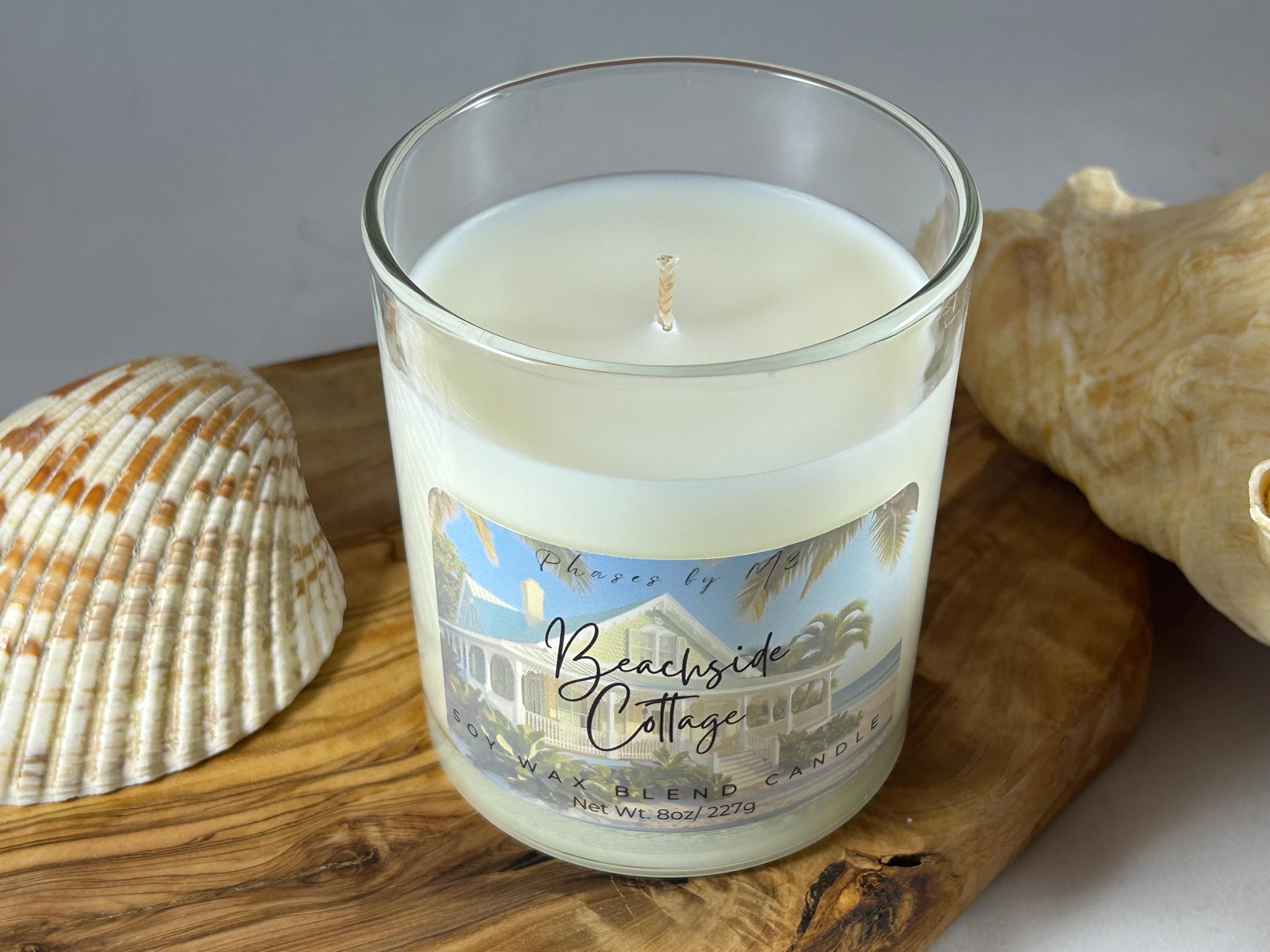 Beachside Cottage 8 oz soy candle, 16 oz soy candle, and soy wax melts