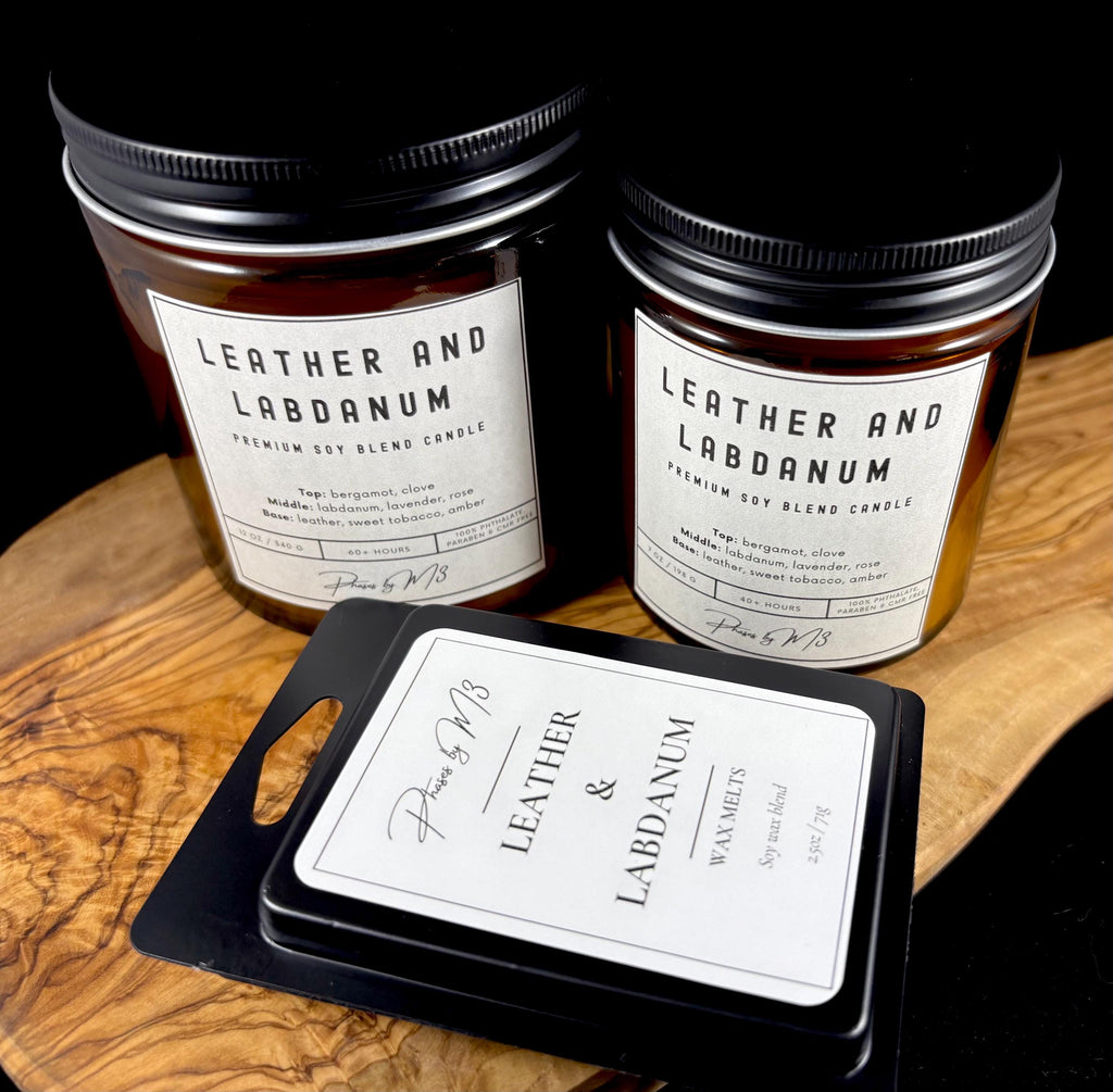 Leather and Labdanum Candle | 7oz and 12oz Amber Glass | 2.5oz Wax Melts | Luxurious Leather & Tobacco Scent