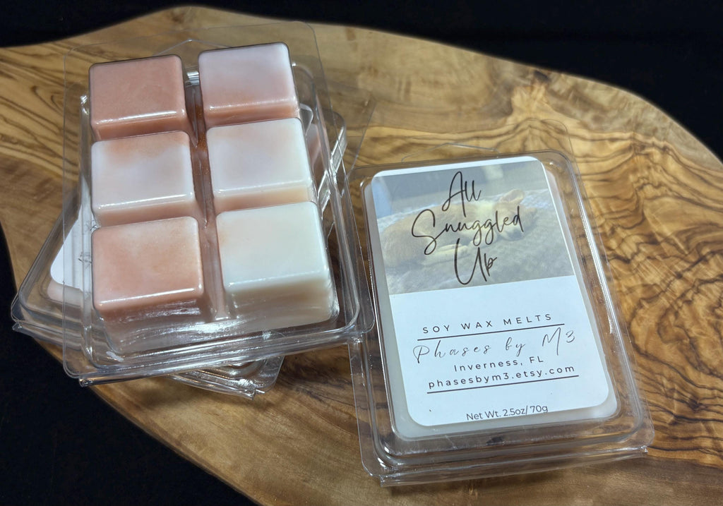 All Snuggled Up | Cozy Soy Candles and Wax Melts with Nutmeg, Lavender and Winter Air | Cashmere Musk & Birch Wood Scented