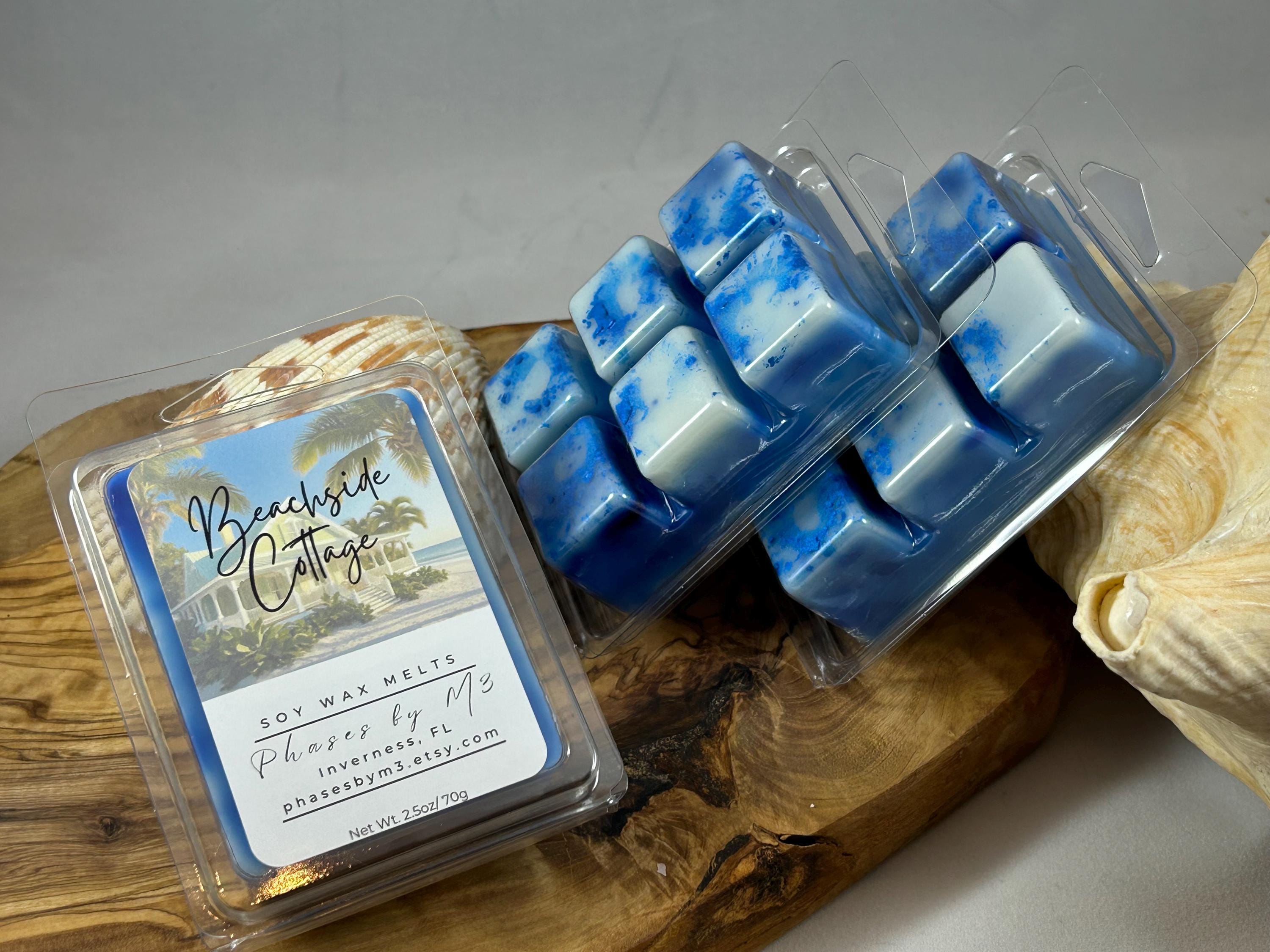 Beachside Cottage 8 oz soy candle, 16 oz soy candle, and soy wax melts