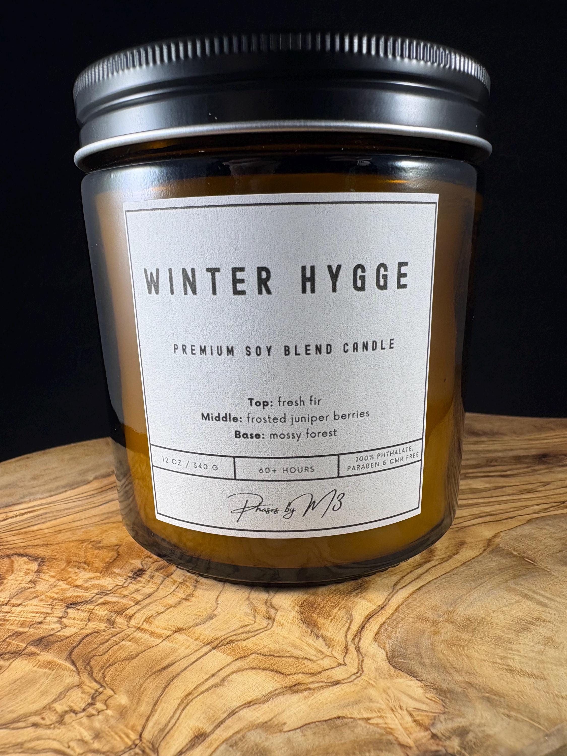 Winter Hygge Candle | 7oz and 12oz Amber Glass Candles | 2.5oz Wax Melts | Cozy Fir, Juniper and Forest Scent | Holiday & Winter Home Decor