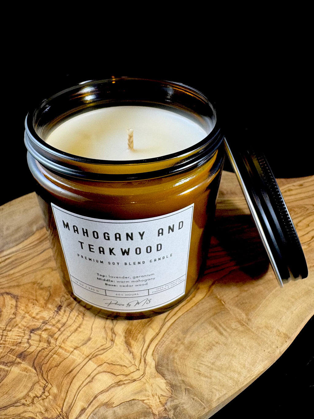 Mahogany and Teakwood Candle – 7oz and 12oz Amber Glass | 2.5oz Wax Melts | Earthy Wood & Floral Home Fragrance