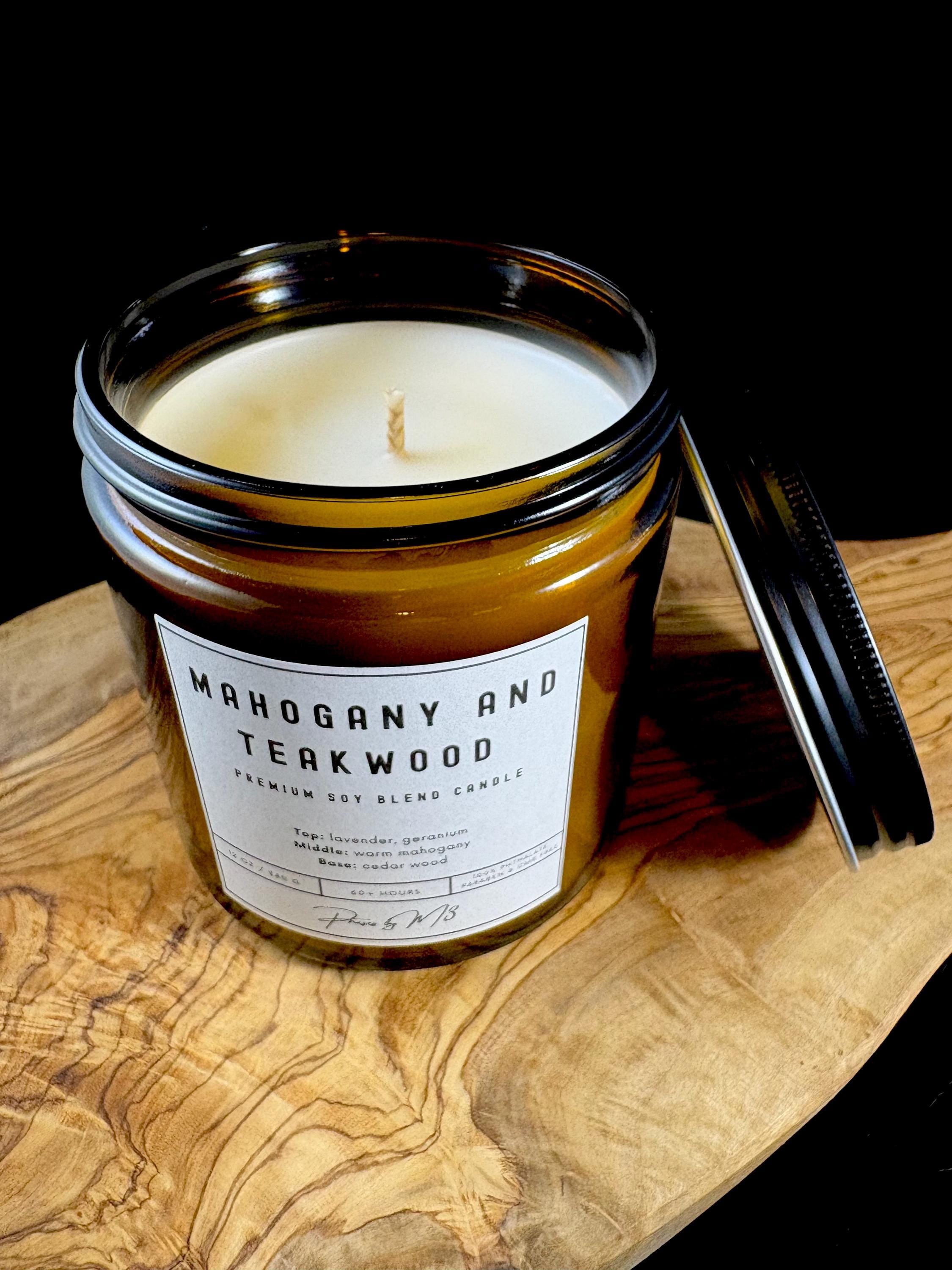 Mahogany and Teakwood Candle – 7oz and 12oz Amber Glass | 2.5oz Wax Melts | Earthy Wood & Floral Home Fragrance