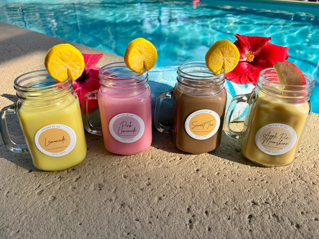Summer Beverage Mason Jar Candles: Lemonade, Pink Lemonade, Sweet Tea, Apple Pie Moonshine
