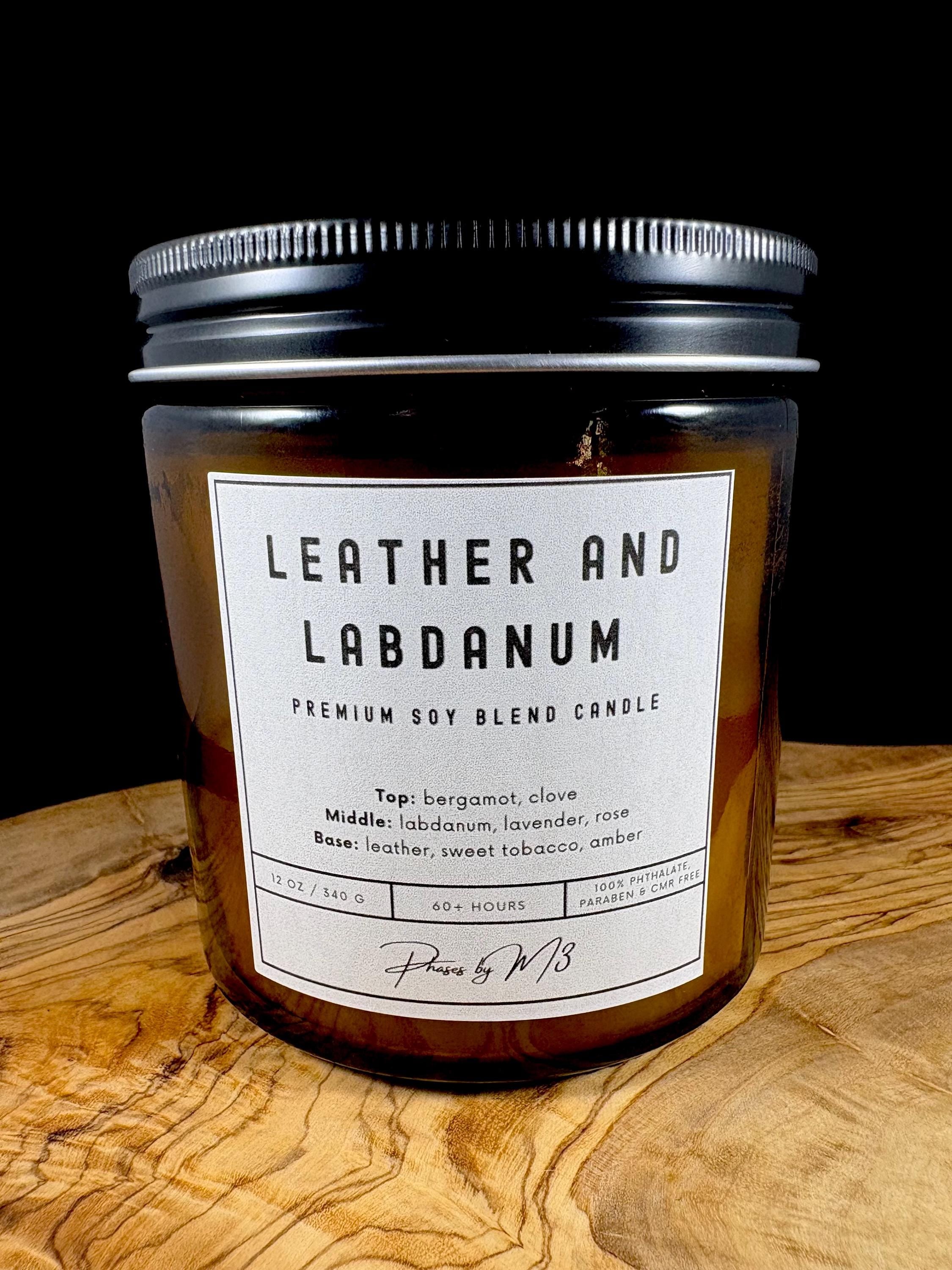 Leather and Labdanum Candle | 7oz and 12oz Amber Glass | 2.5oz Wax Melts | Luxurious Leather & Tobacco Scent