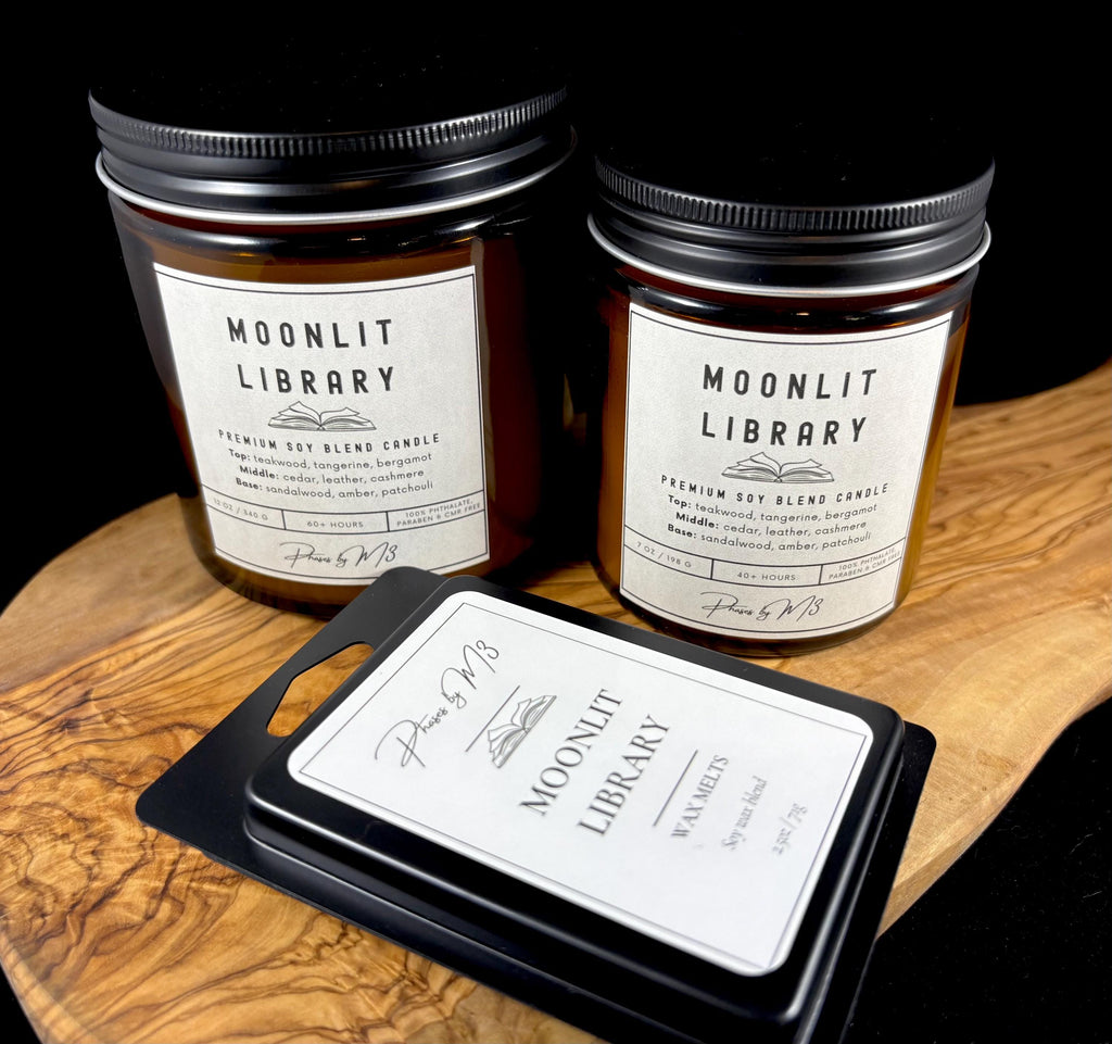 Moonlit Library Candle & Wax Melts – Teakwood, Cedar and Amber