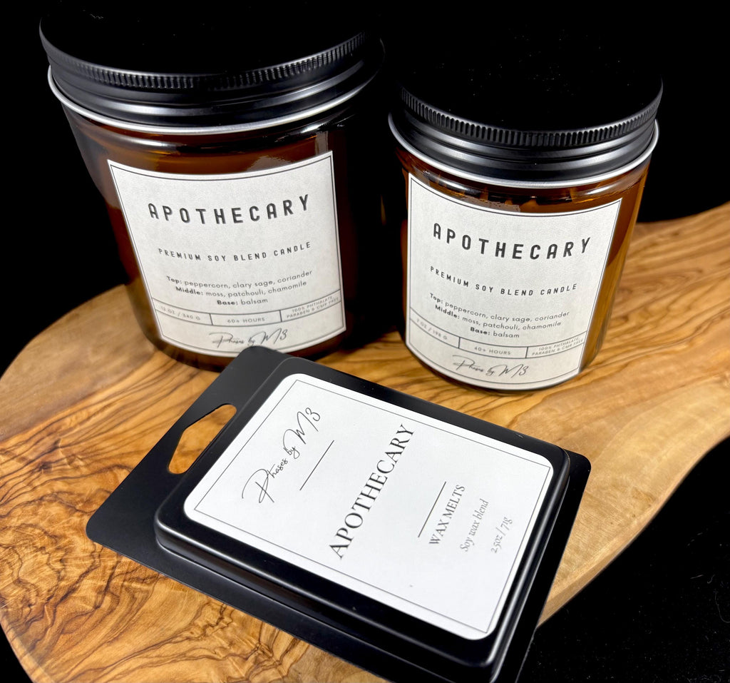 Apothecary Candle | Amber Glass Soy Candle | Earthy Herbal Candle with Moss, Sage, Balsam  | 7oz and 12oz Candles & Wax Melts